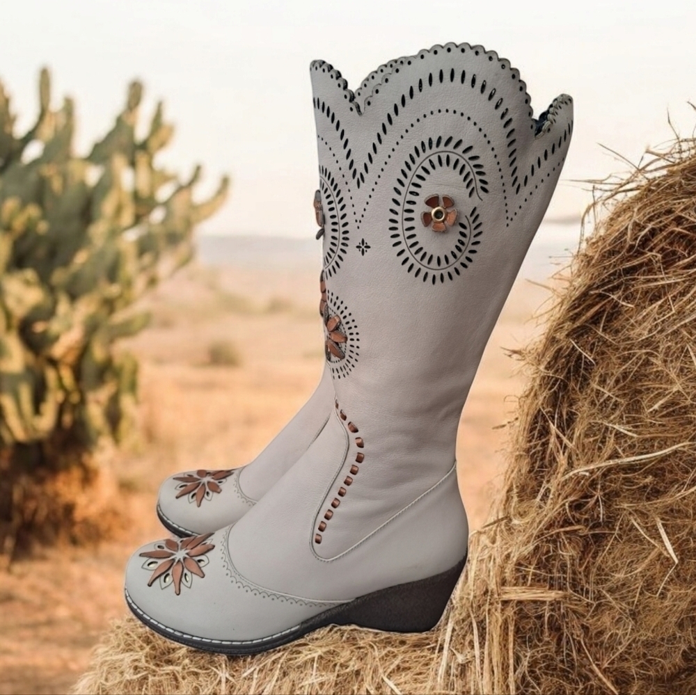 Moto piston signature leather cowboy women's boots wedge heel flower pattern